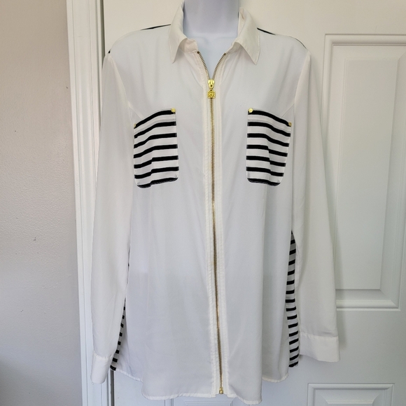 Anne Klein Roll Tab Sleeve Navy Blue White Striped Full Zip Semi Sheer Blouse L - Picture 1 of 11